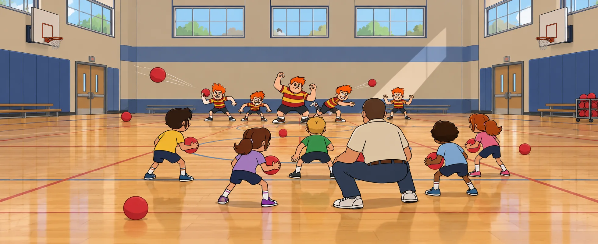 Red-haired bullies in striped shirts face a grown man crouching among small children in a cartoon school gym full of dodgeballs.