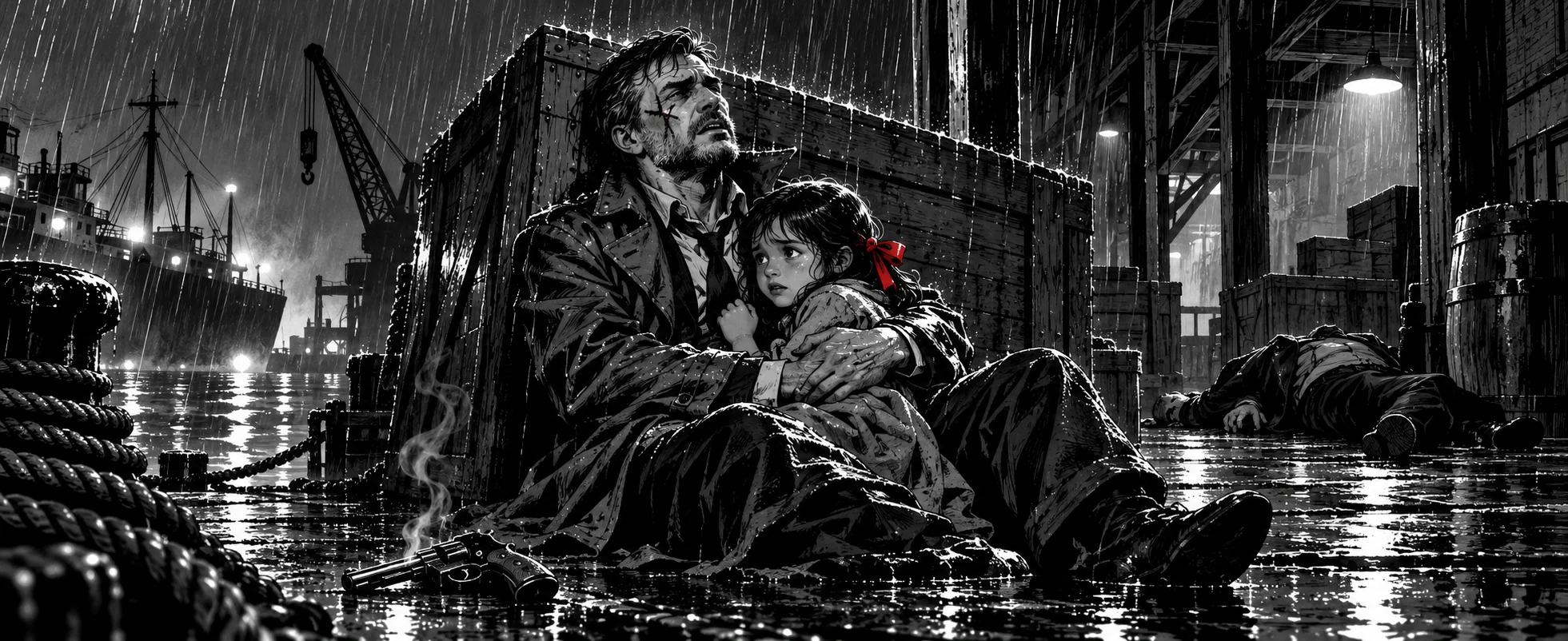 A grizzled old cop with a cross-shaped scar slumps against a crate on a rain-soaked dock holding a frightened little girl with a red ribbon, in stark black and white.