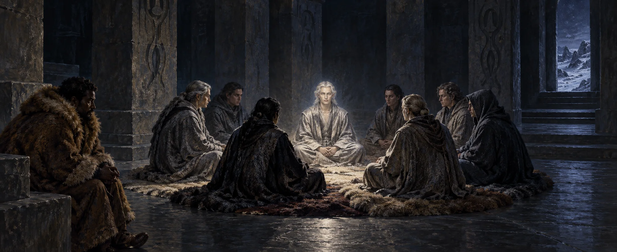 Robed figures sit in a tense circle on the floor of a dark stone hall around a calm, glowing central figure, a fur-coated envoy watching from the edge.