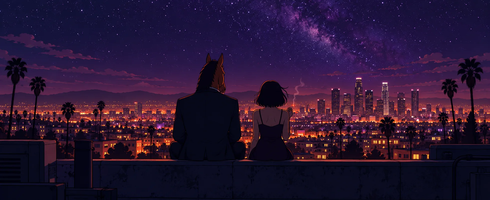 A horse in a jacket and a woman with a dark bob sit on a rooftop ledge above the lights of Los Angeles at night.