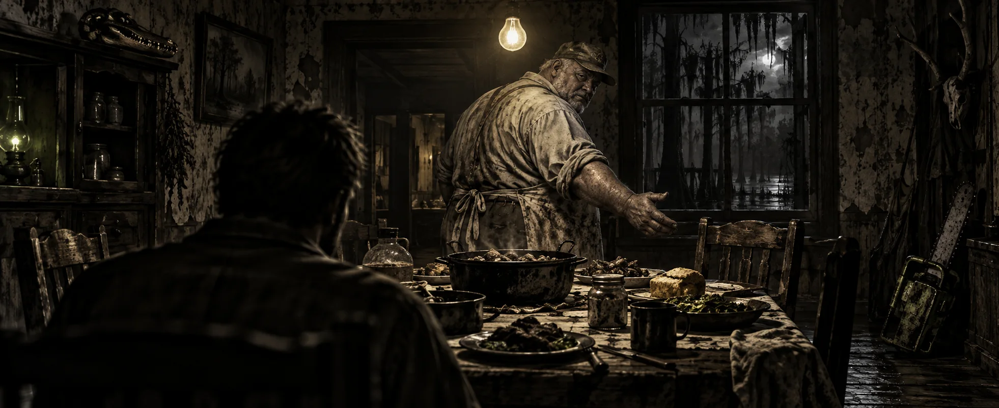A grimy farmhouse patriarch gestures toward a dinner table as a young man sits in the gloom.