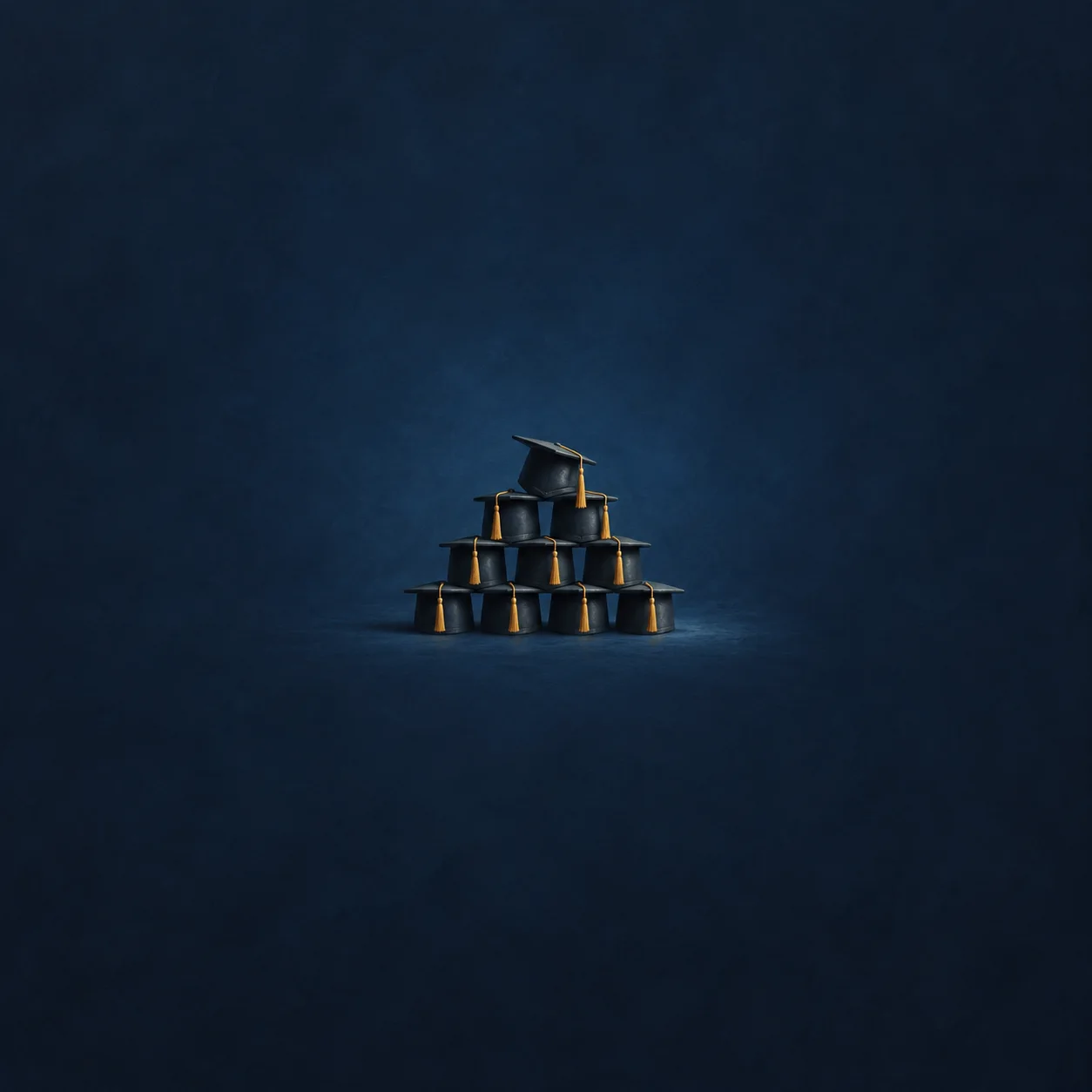 Black graduation caps with gold tassels form a small pyramid against a deep blue background.