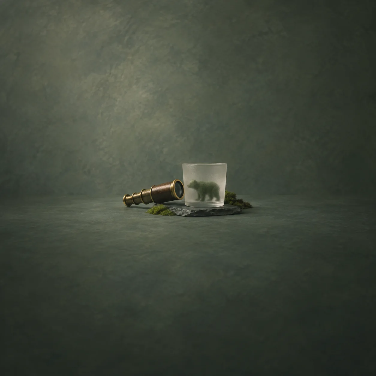 A brass spyglass lies beside a frosted tumbler showing a small green bear shape on dark slate.