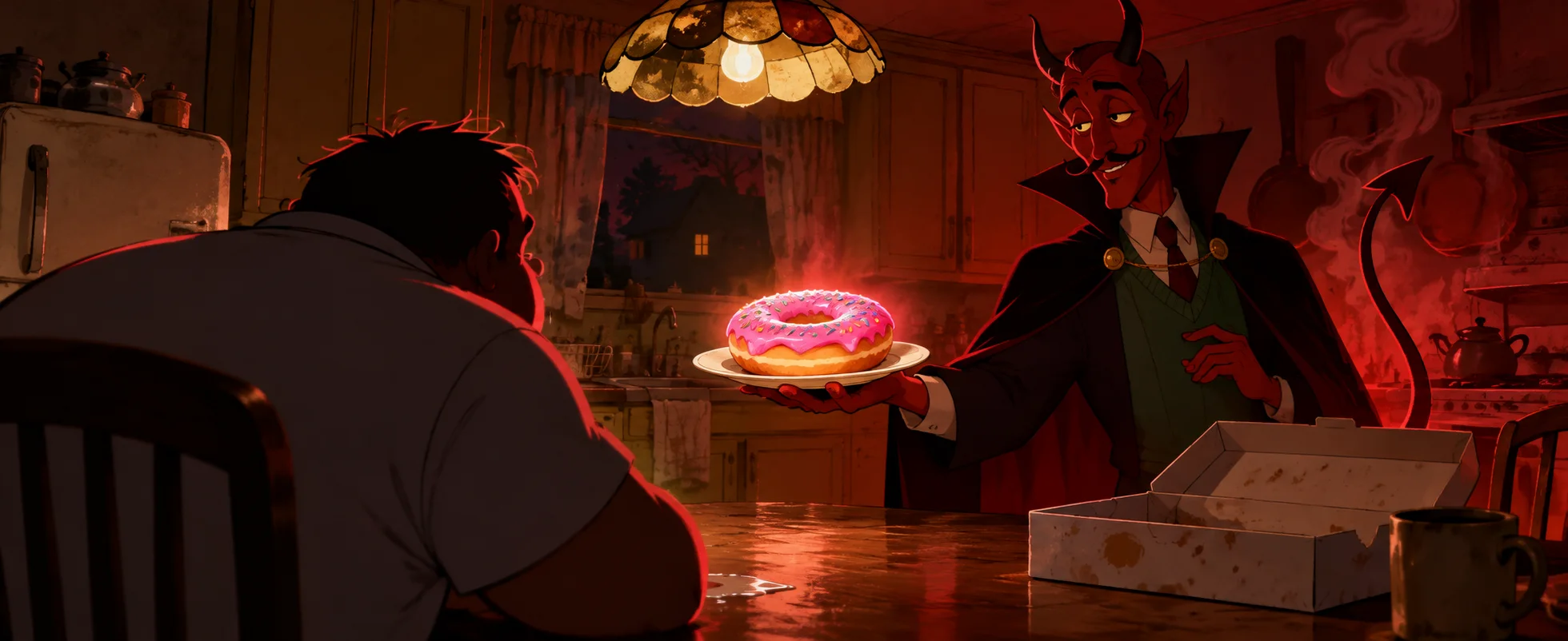 Cartoon illustration of a red-lit kitchen at night where a small devil with a neat moustache offers a glowing pink frosted doughnut on a saucer to a heavy-set man seen from behind.