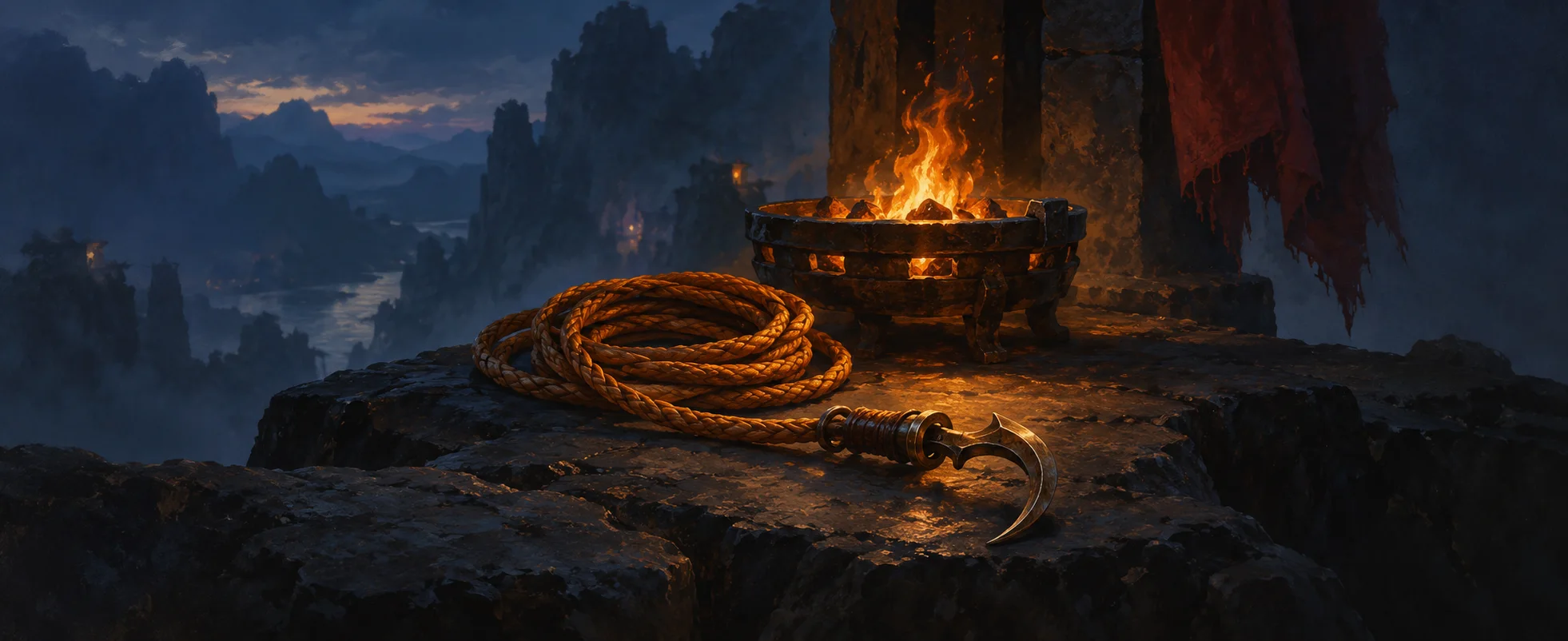 A coiled amber cord with a small metal hook lies on black stone beside a glowing brazier.