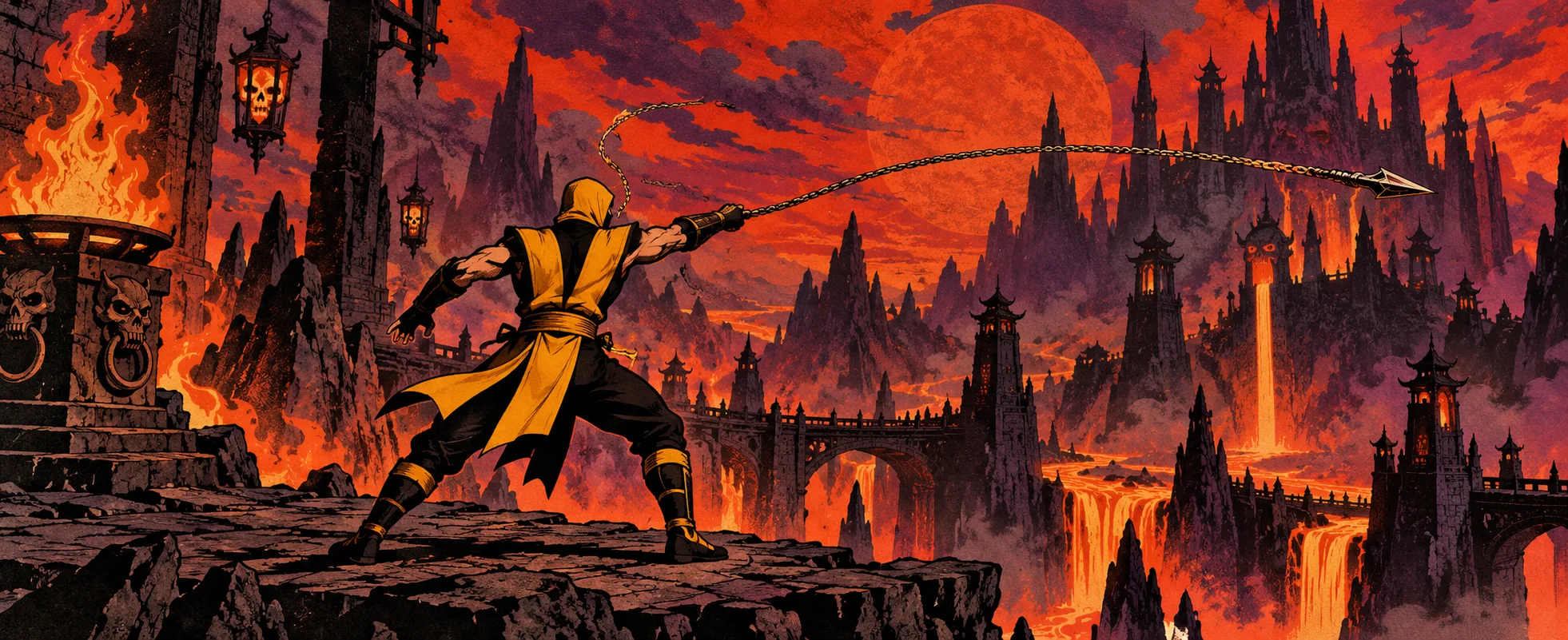 A ninja in yellow and black hurls a rope spear across a hellish landscape of red skies, lava falls and dark spires.