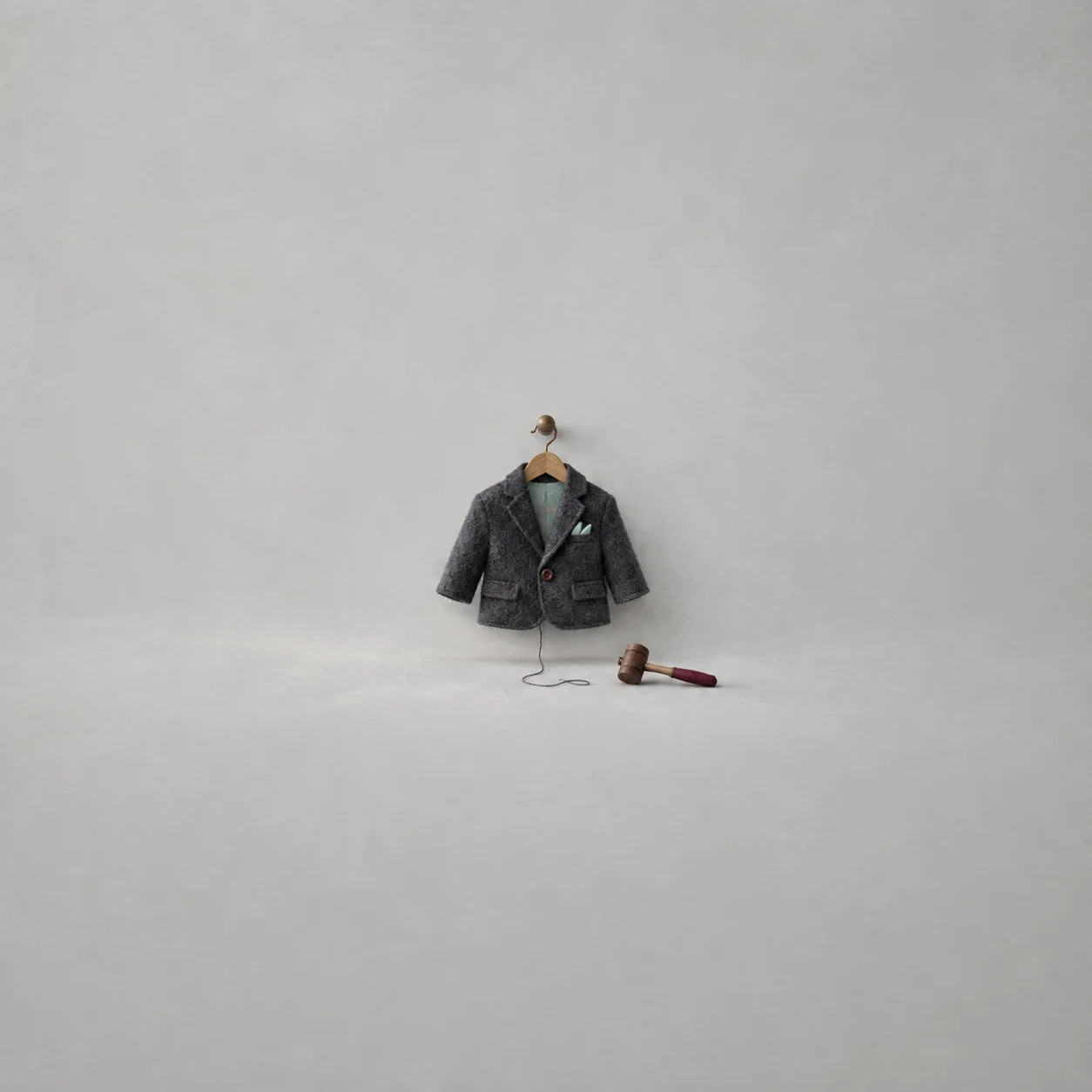 A miniature charcoal suit jacket hangs from a wooden hanger with a loose thread and a small gavel nearby.