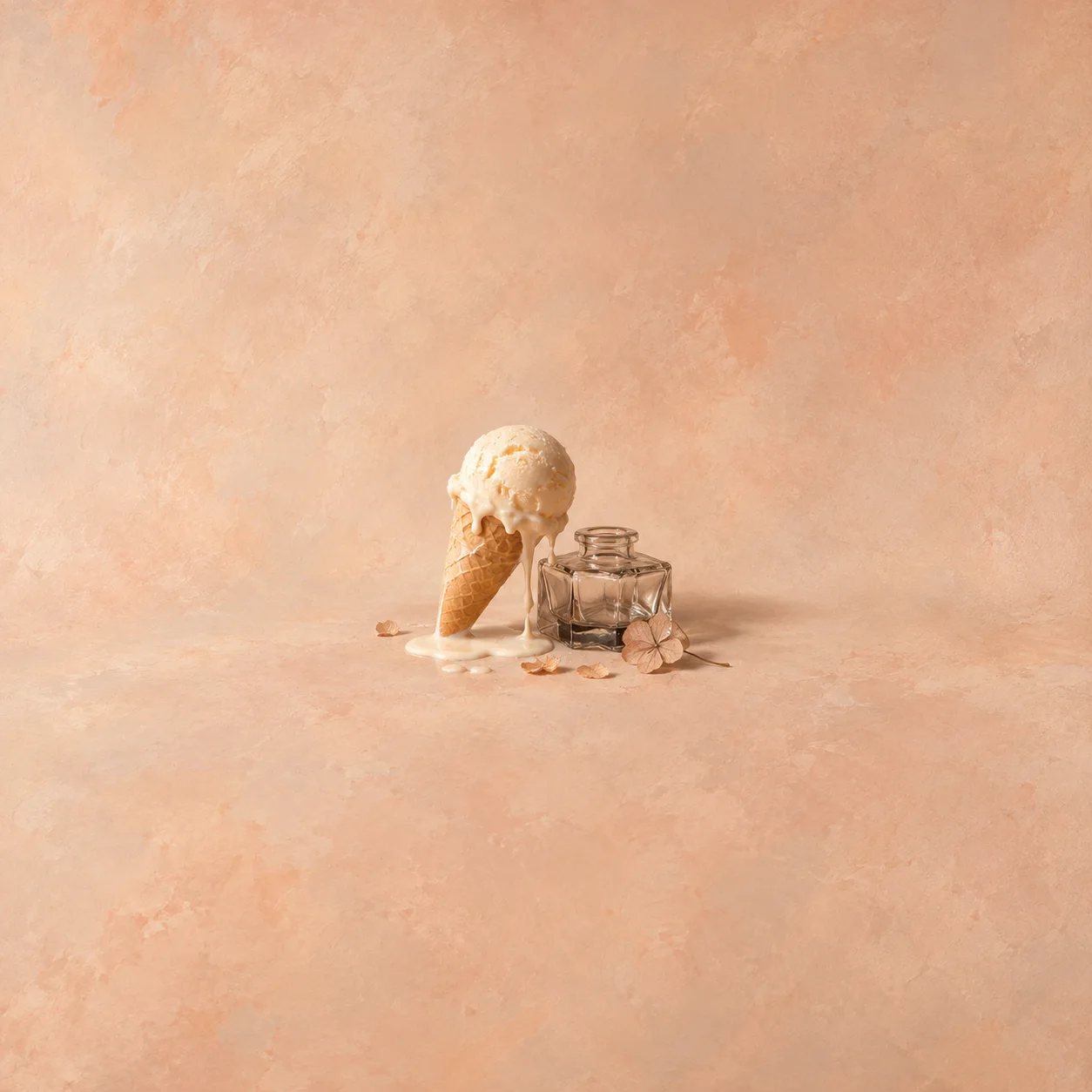 Painterly melting ice cream cone beside a glass inkwell and scattered pale fragments.