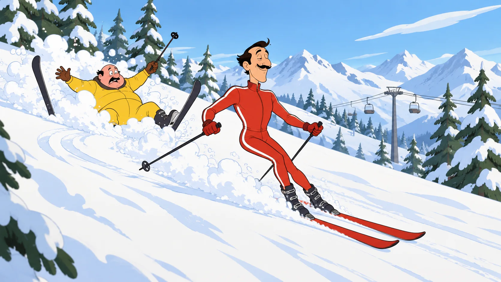 A moustached skier in a skin-tight red suit glides down a sunny slope while a round man in yellow tumbles behind him in a burst of snow.