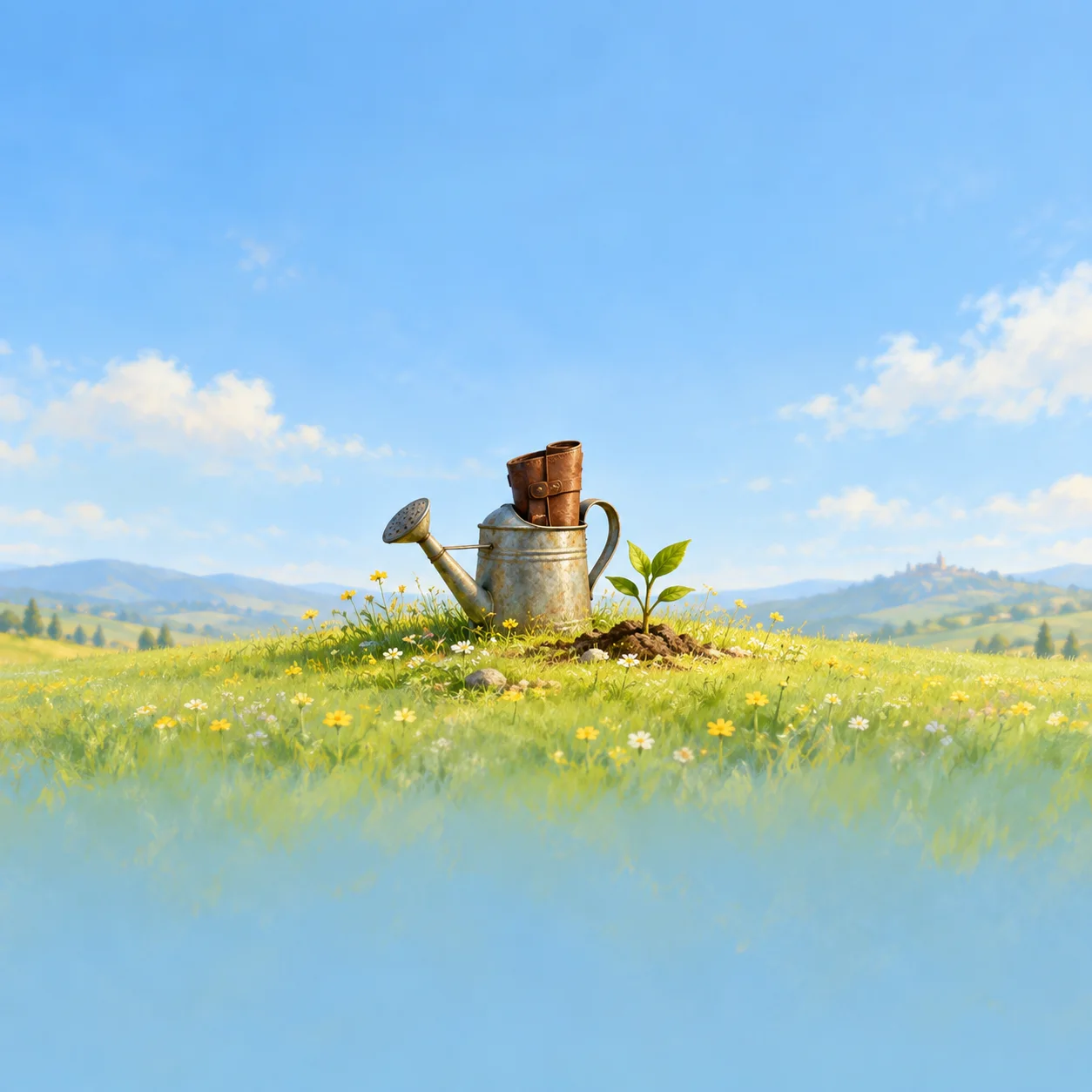 A metal watering can holds a curved brown leather piece beside a seedling in a sunlit meadow.