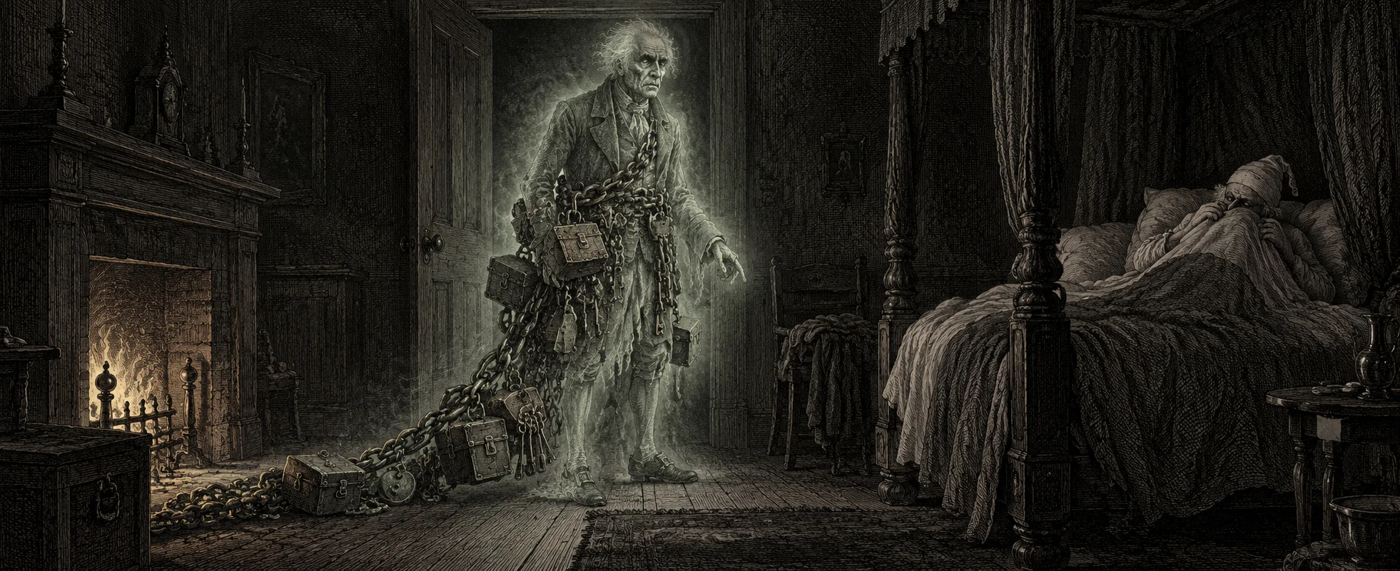 Victorian engraving: a translucent ghost bound in heavy chains and cash boxes stands at the foot of an old man's bed.