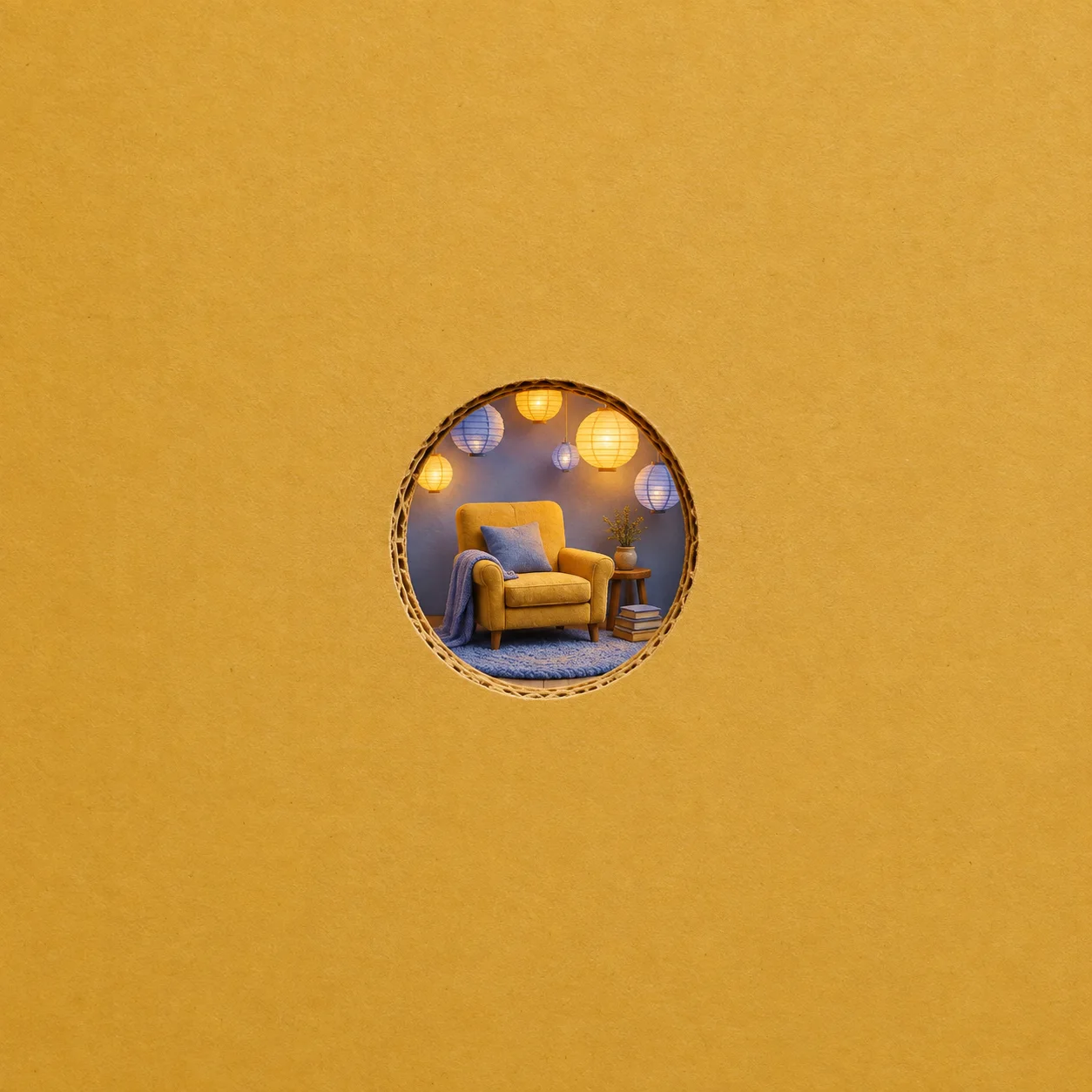 A round opening reveals a tiny yellow armchair beneath glowing paper lanterns.