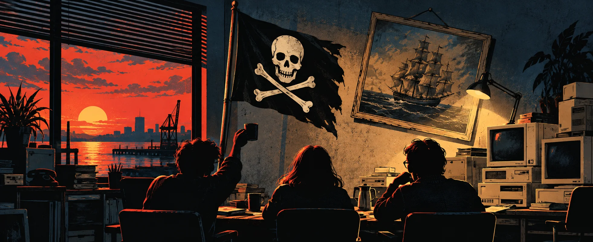 Silhouetted team members raise mugs in a dim office under a black skull-and-crossbones flag, a painting of a tall ship on the wall.