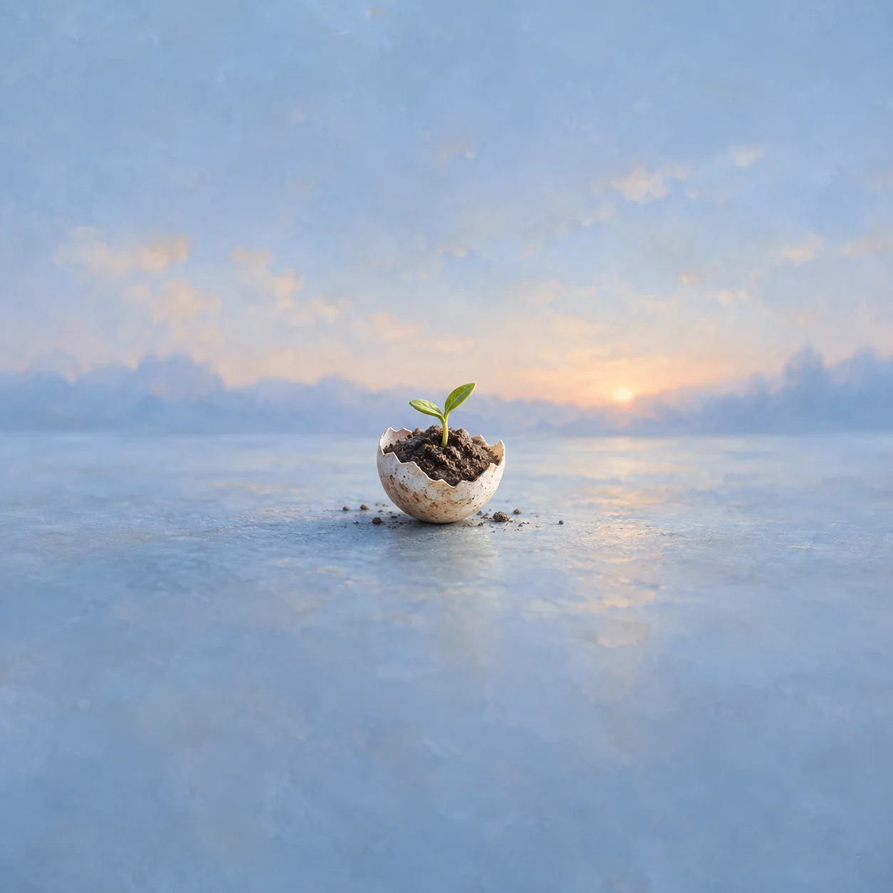 Painterly green seedling growing from soil inside a cracked eggshell against a pale blue sunrise.