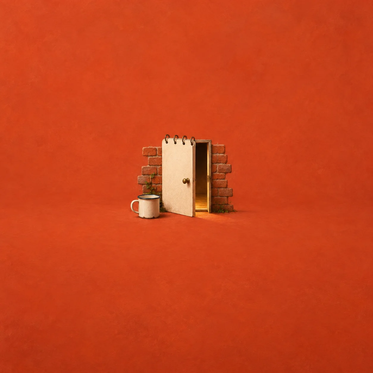 A small blank paper door set ajar in a tiny brick wall, with an enamel mug beside it on a red-orange background.