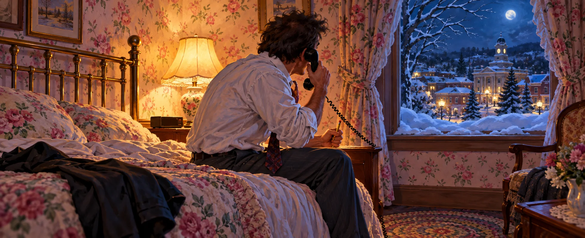 A weary man in a rumpled shirt shouts into an old telephone on the edge of a bed in a snowbound bed-and-breakfast room.