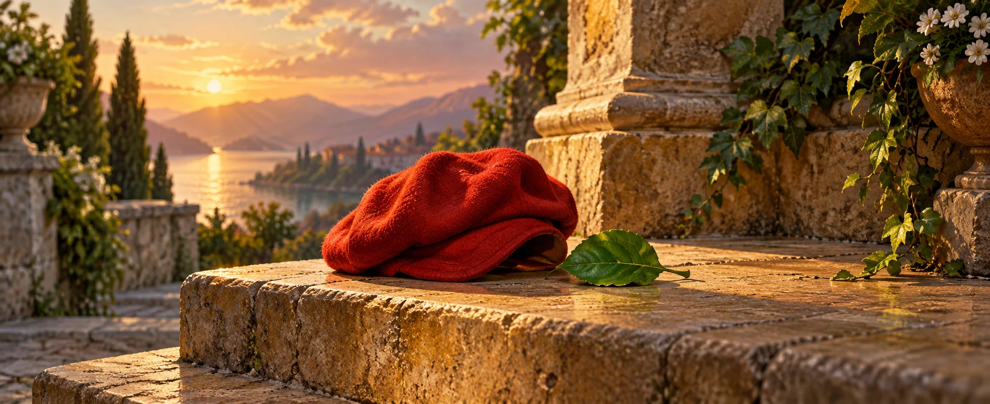 A bright red cap-shaped folded cloth rests beside a small green leaf on a golden stone step.