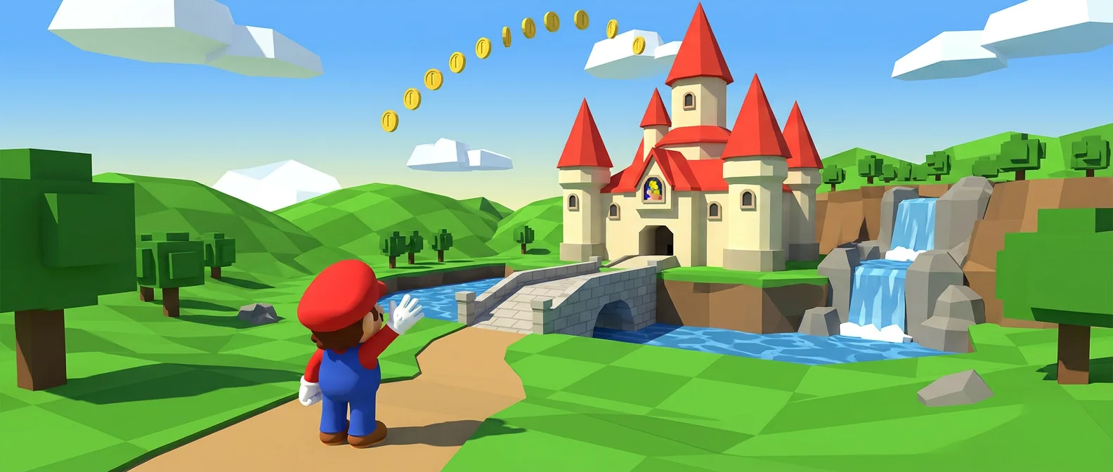 A small figure in a red cap and blue overalls waves at a sunny fairy-tale castle beyond a moat, coins glinting in the sky.