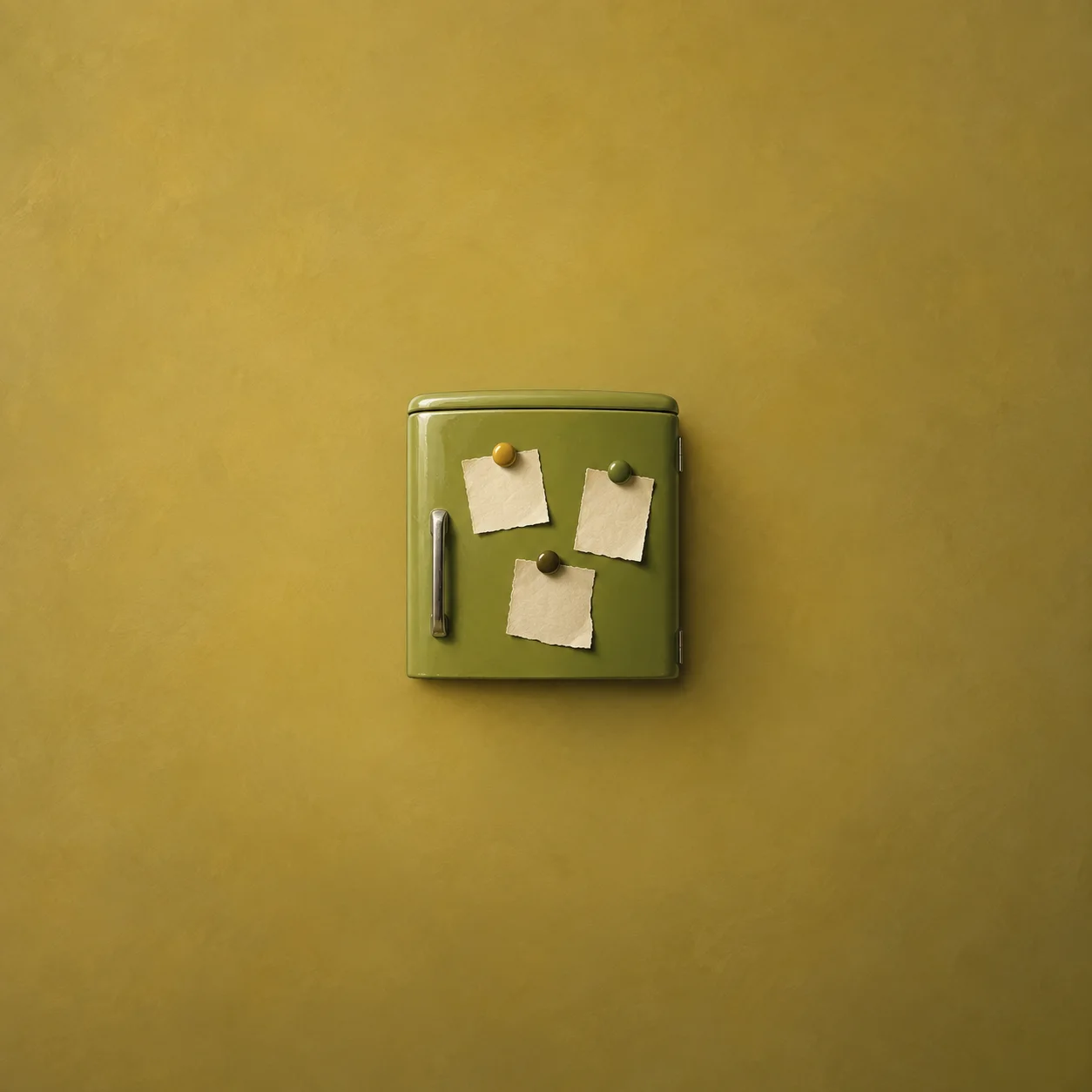 Three blank paper notes are held by round magnets on a small green refrigerator door against a mustard background.