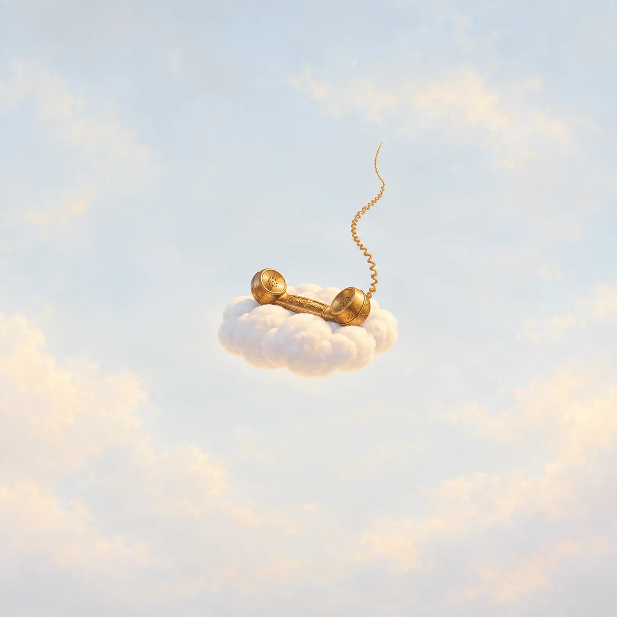 A golden telephone receiver rests on a small white cloud, with its curled cord trailing upward into a pale sky.