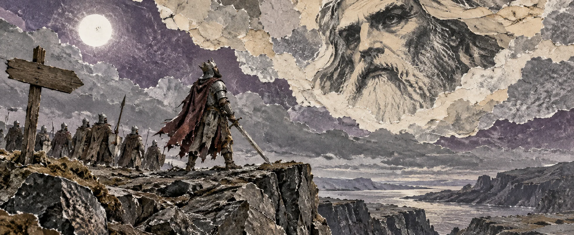 A knight on a rocky headland looks up at a vast bearded face in the stormy clouds as his company waits behind.