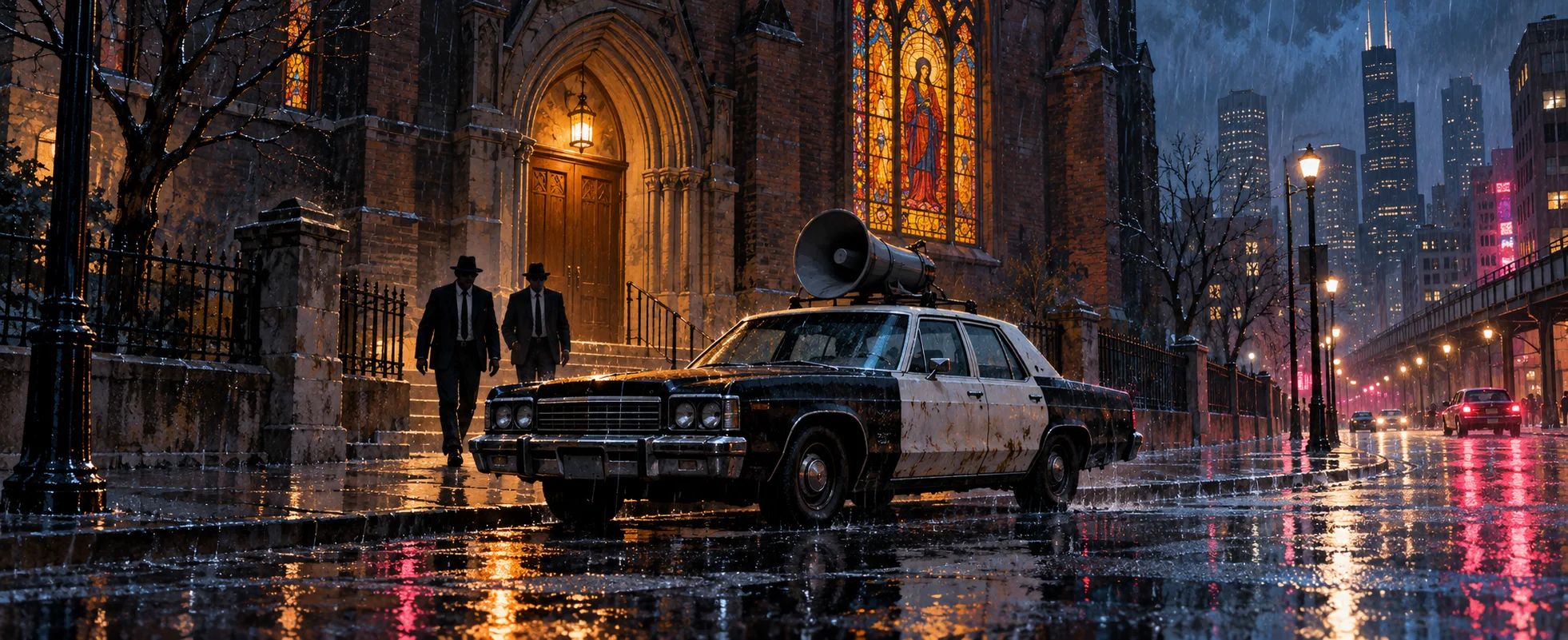 Two men in black suits and hats walk from a church toward a battered black-and-white ex-police car with a roof loudspeaker on a rainy Chicago night.