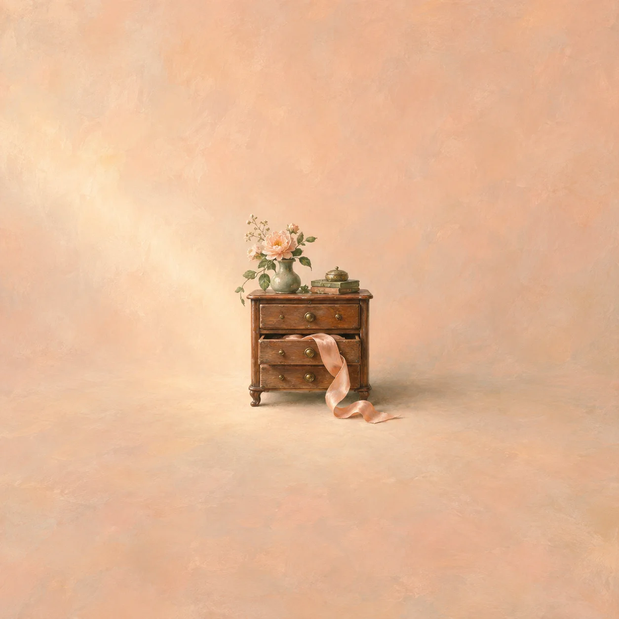 A small wooden chest of drawers holds books and a vase of flowers, with a peach ribbon trailing from a partly open drawer.