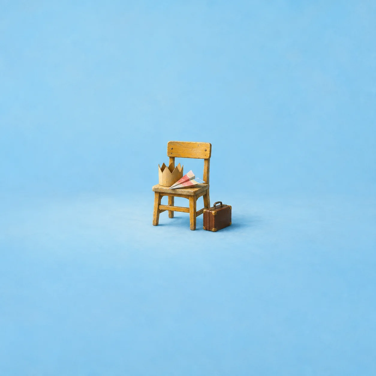 A paper crown and paper aeroplane rest on a tiny wooden chair, with a closed briefcase beside it.