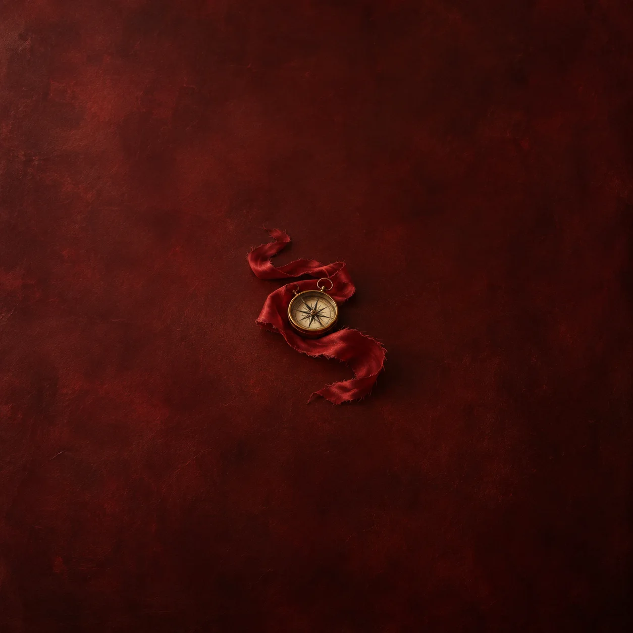 Painterly brass compass resting on a torn curling red ribbon against a dark crimson surface.