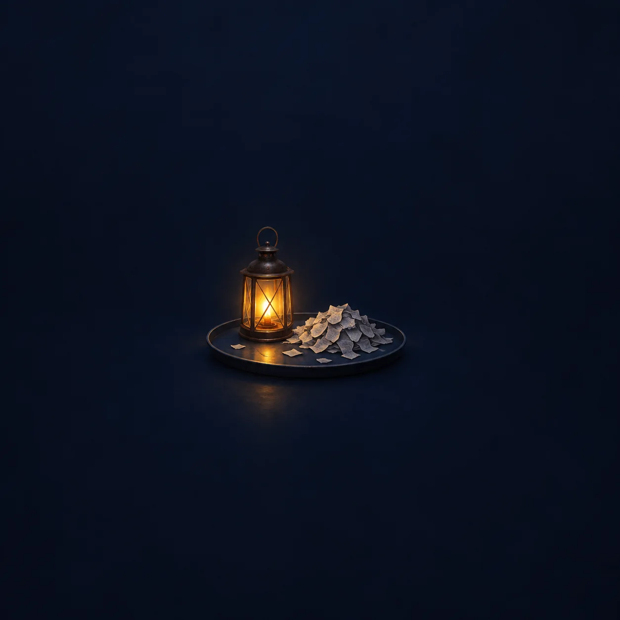 An amber lantern glowing beside a pile of pale paper scraps on a dark tray against navy blue.