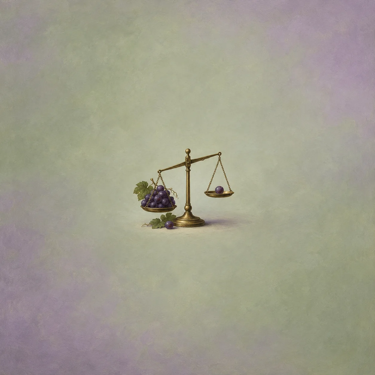 Brass balance scale tipped toward a cluster of purple grapes, opposite one grape, with green leaves