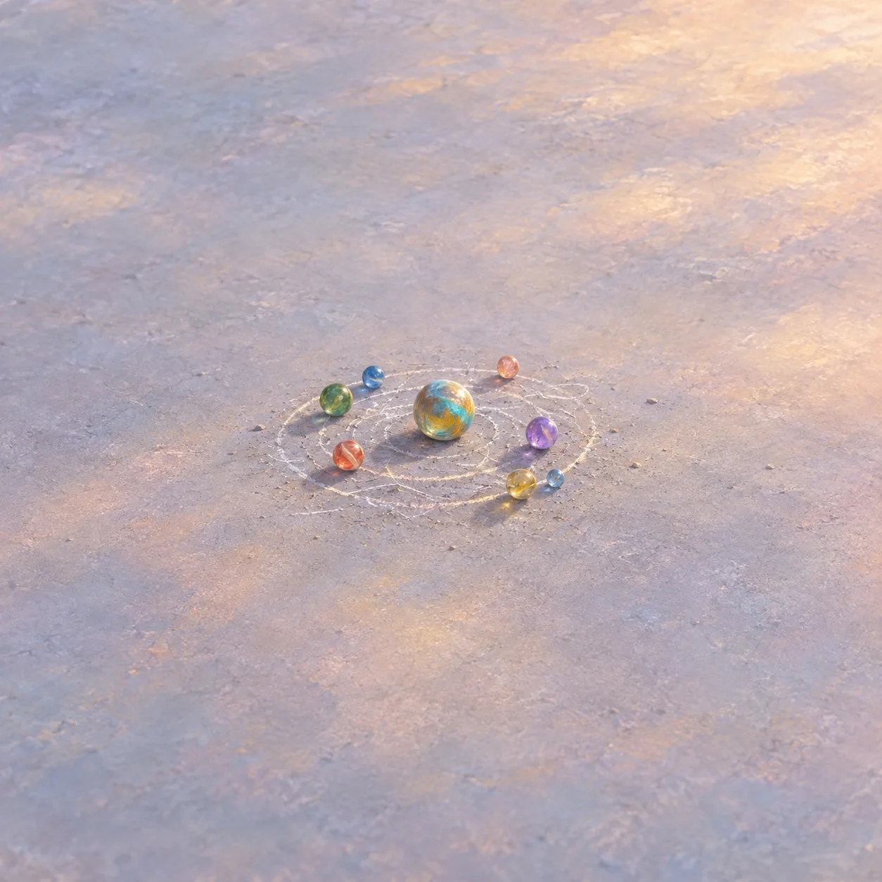 Painterly colorful glass marbles arranged along chalk orbital circles on pastel lavender ground.