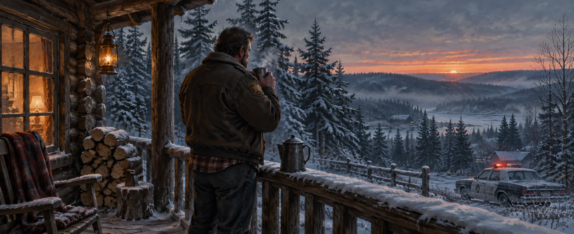 A broad-shouldered man in a sheriff's jacket stands on a cabin porch at a snowy dawn, holding a steaming mug, a police car parked below.