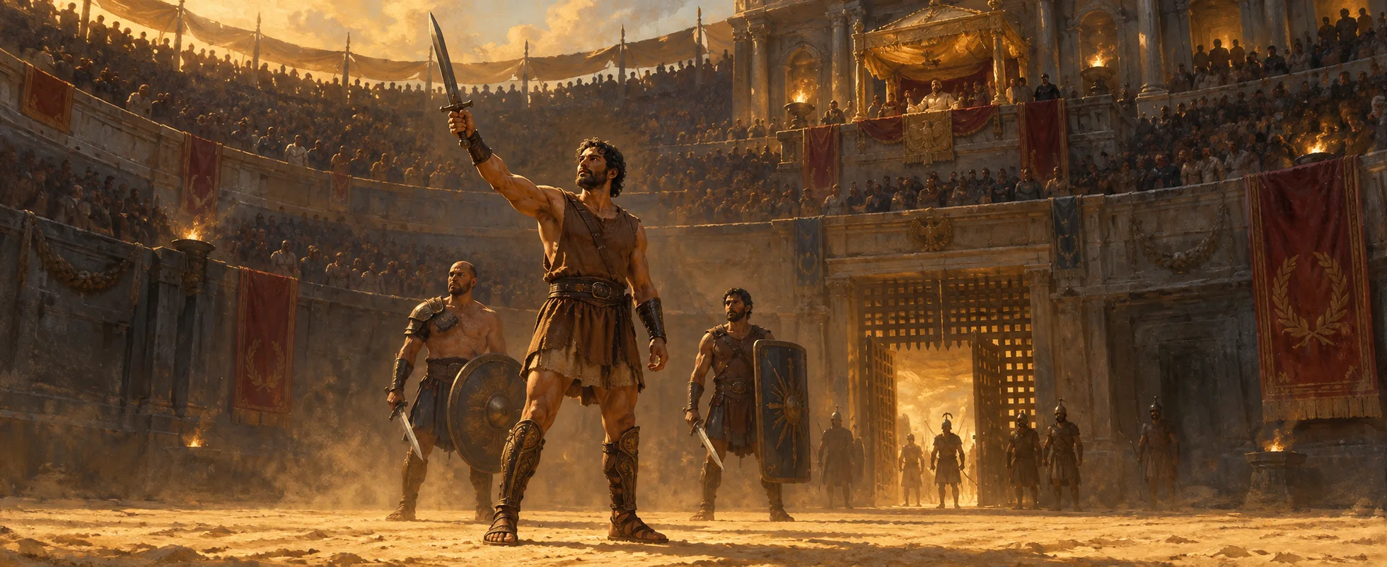 A gladiator raises his sword in salute on the sand of a torchlit arena as fighters gather behind him.
