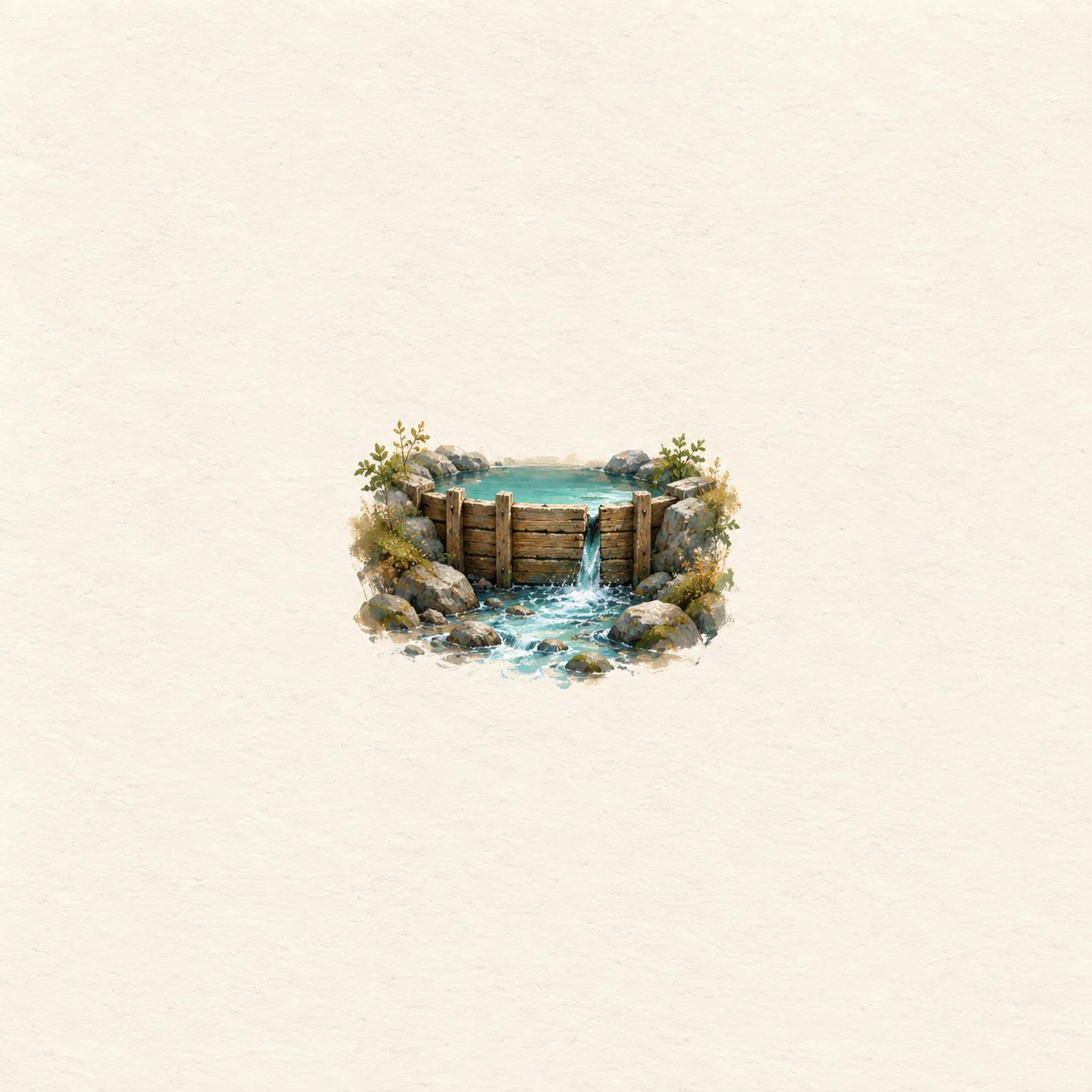 Turquoise water flows through a small wooden dam bordered by rocks and low plants.