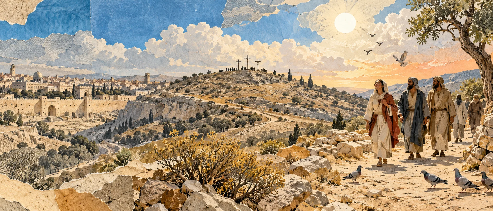 In cut-paper collage style, robed figures stroll a sunny hillside outside Jerusalem while a row of tiny crosses stands on the hill beyond.