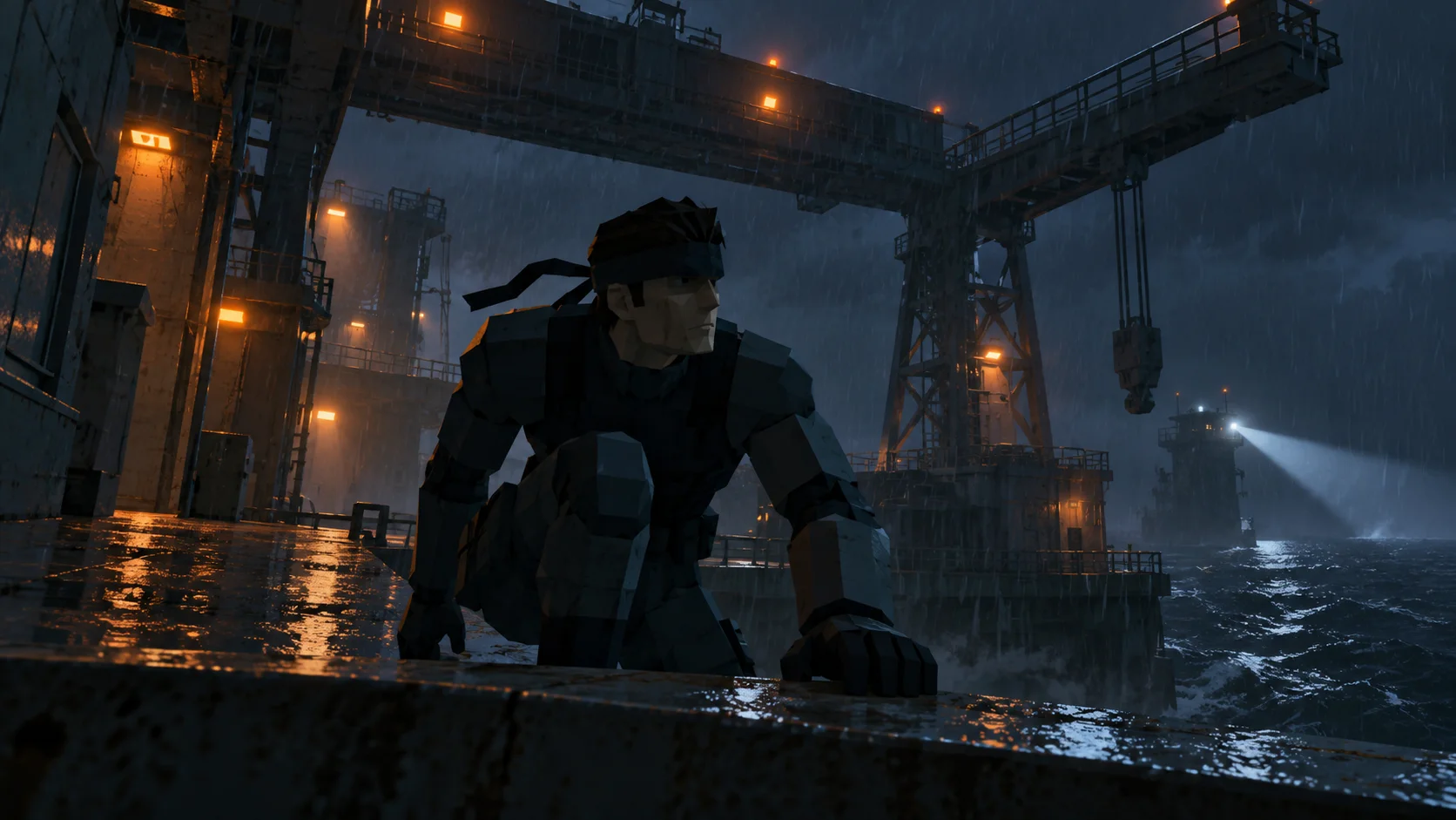 Solid Snake in a sneaking suit and bandana crouches at the edge of a rain-lashed tanker deck at night, cranes and orange lights above him and a searchlight sweeping the sea.