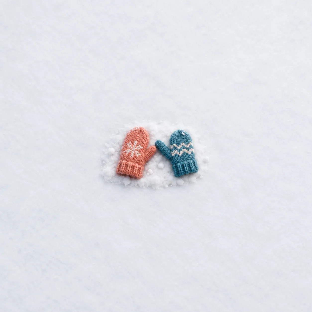 A coral mitten and a blue patterned mitten lie together on a patch of snow.