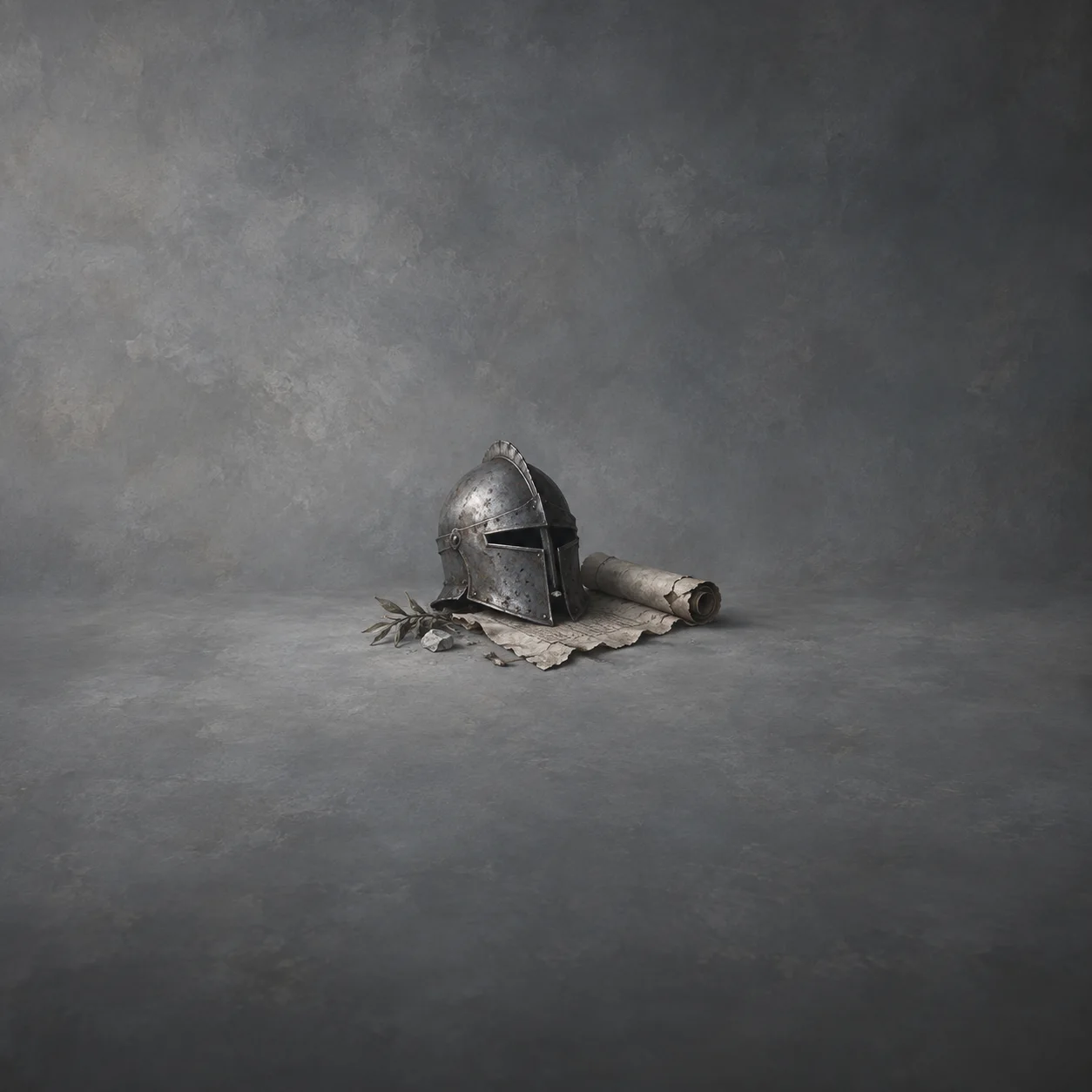 A steel helmet rests beside a partly rolled scroll and scattered leaves on a muted gray surface.