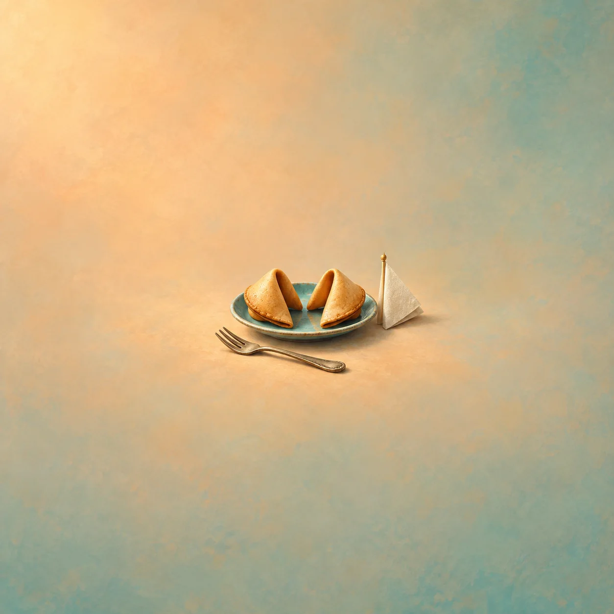 Two golden pastries face each other on a teal plate beside a fork and a folded white napkin.