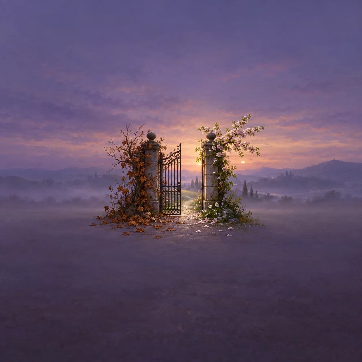 Painterly iron gate between autumn leaves and flowering greenery in a misty sunset landscape.