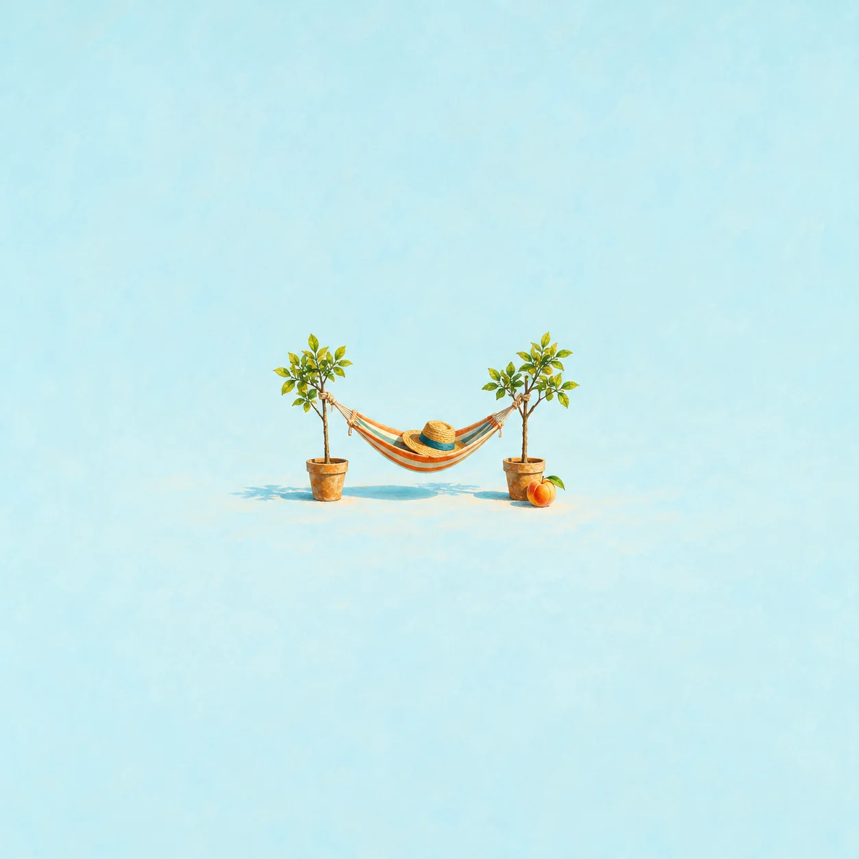 A straw hat rests in a striped hammock between two small potted trees, with a peach beside one pot.