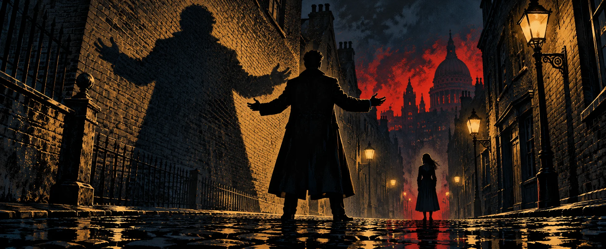 A cloaked figure spreads his arms in a lamplit London street, his huge shadow on the wall, a lone woman watching.