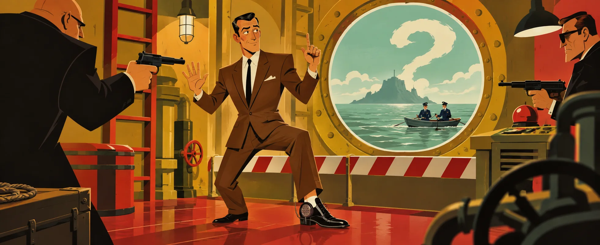 A secret agent in a brown suit raises a confident finger at gunpoint in a ship's hideout, two uniformed cops in a tiny rowboat visible through the porthole.