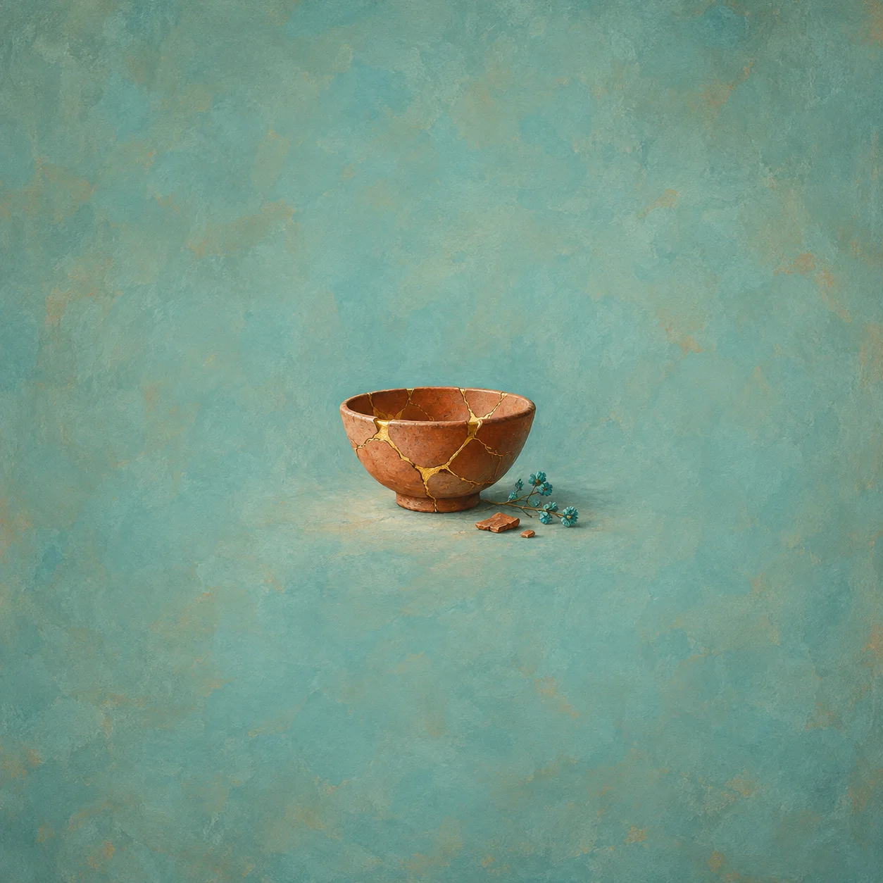 Small painterly terracotta bowl with visible golden repair seams and a blue-green sprig beside it
