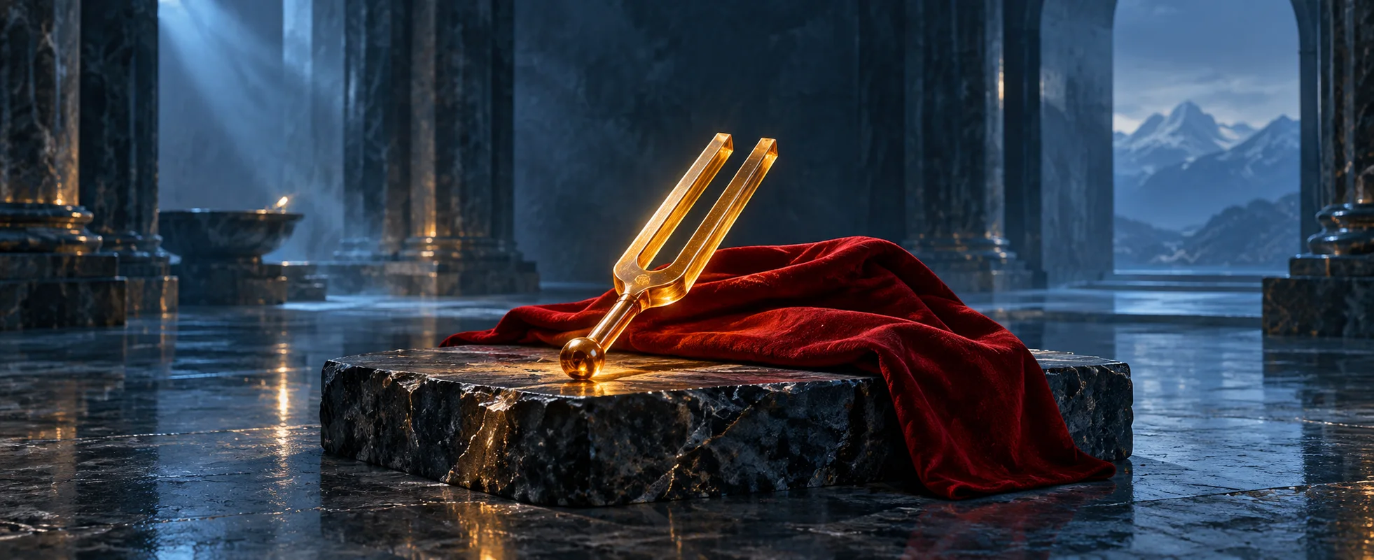 An amber tuning fork rests beside a red cloth in a cold blue chamber.