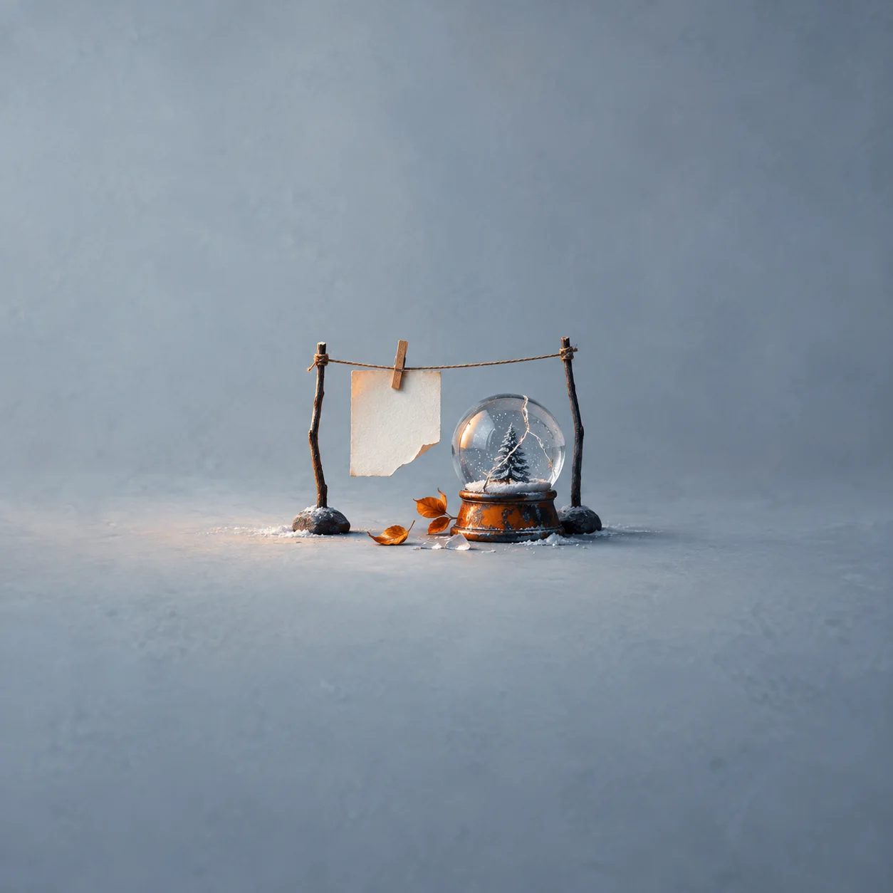 A torn blank sheet clipped to a line beside a snow globe and scattered orange fragments on a blue-gray surface.