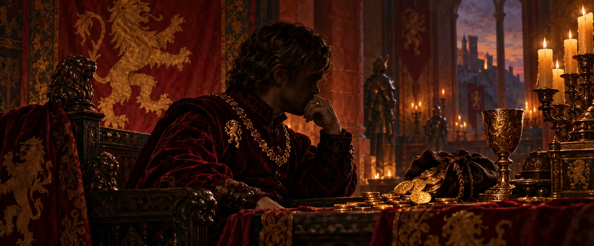 A short nobleman in a wine-red velvet doublet and gold chain sits in a candlelit chamber beside a table of spilled gold coins, a golden lion banner behind him.