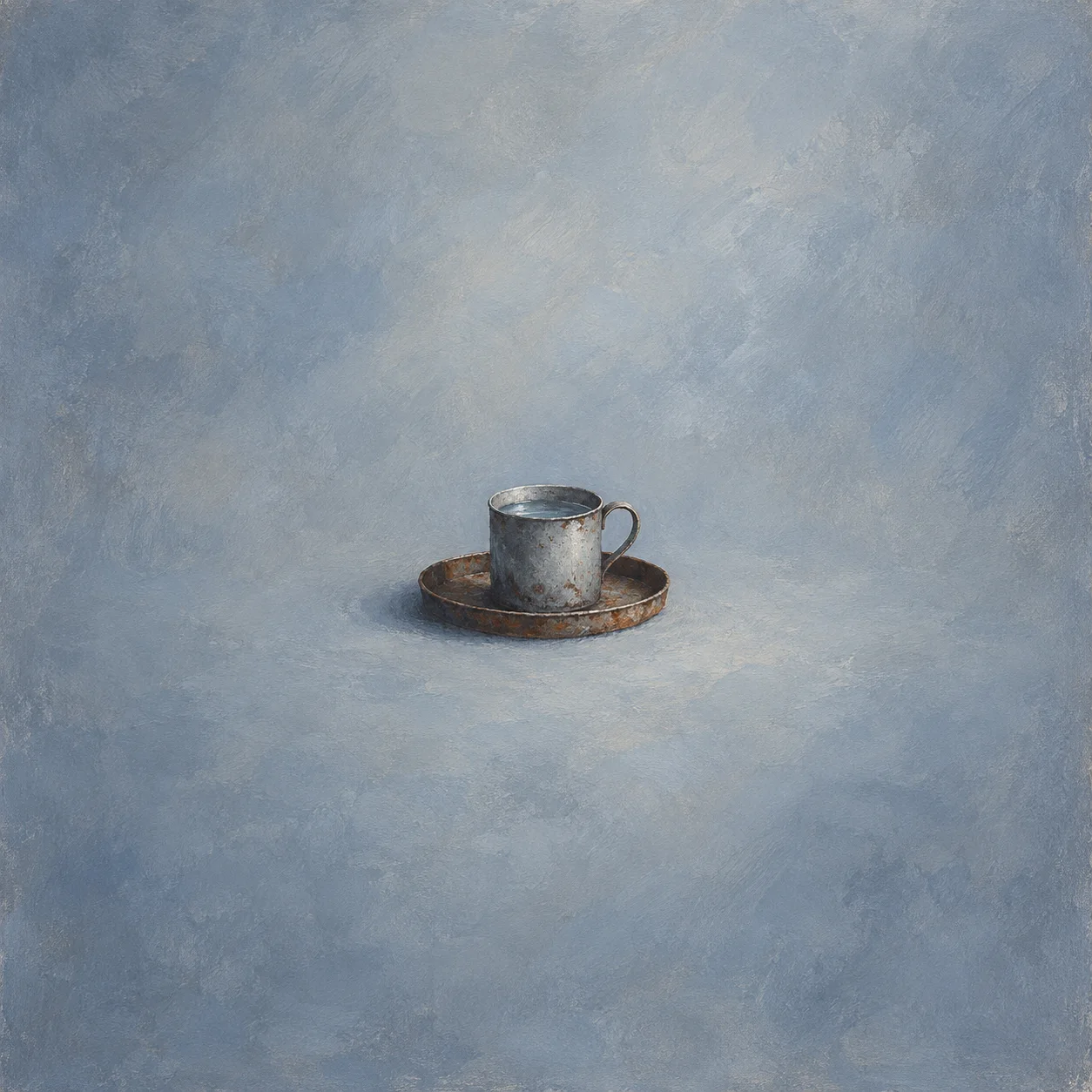 Tin cup of water on a low rusted tray