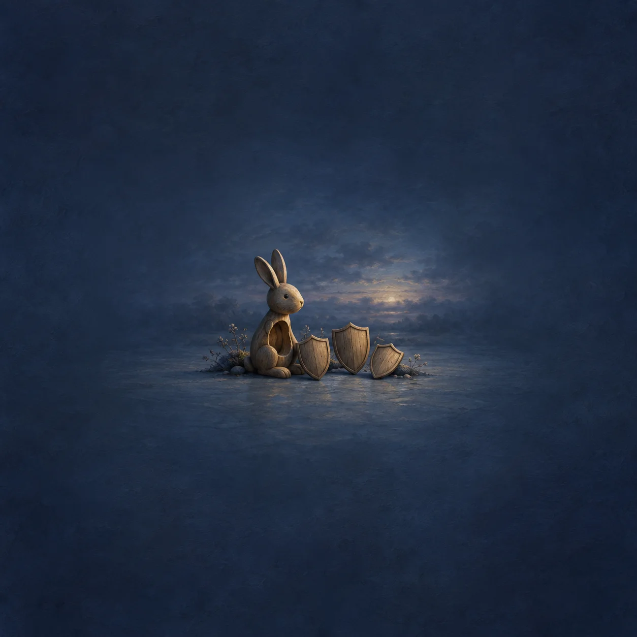 A small wooden rabbit sits beside three shields against a dark blue twilight background.